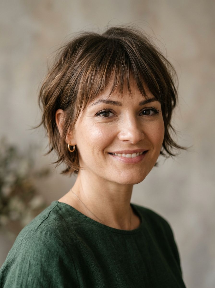 Kurze gestufte Frisur mit Wispy Pony - Stufenschnitt kurz